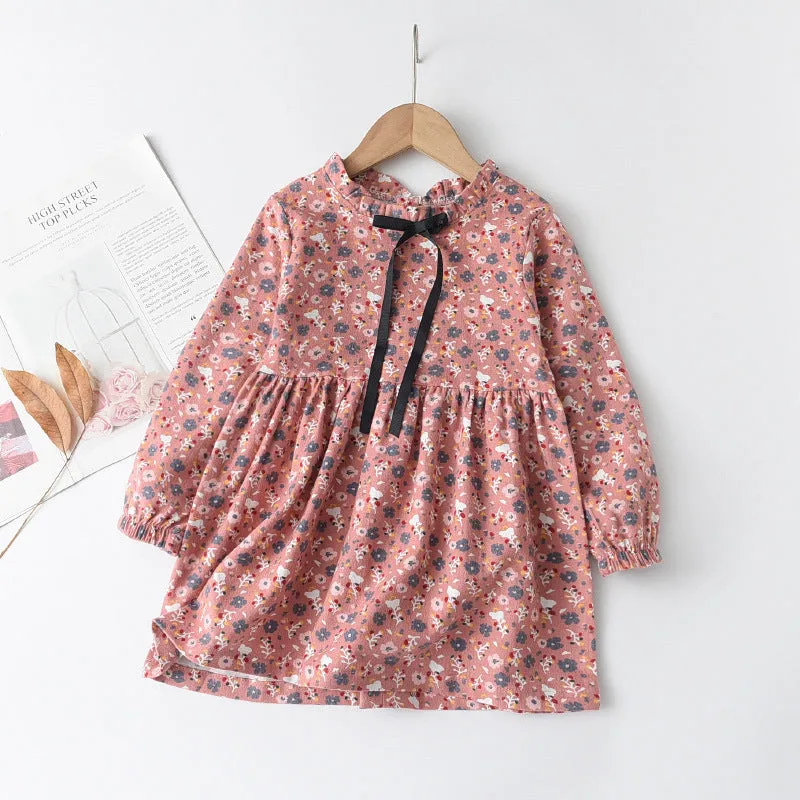 Little floral cotton girls ribbon bowknot dress in princess style with long sleeves available in multiple colours