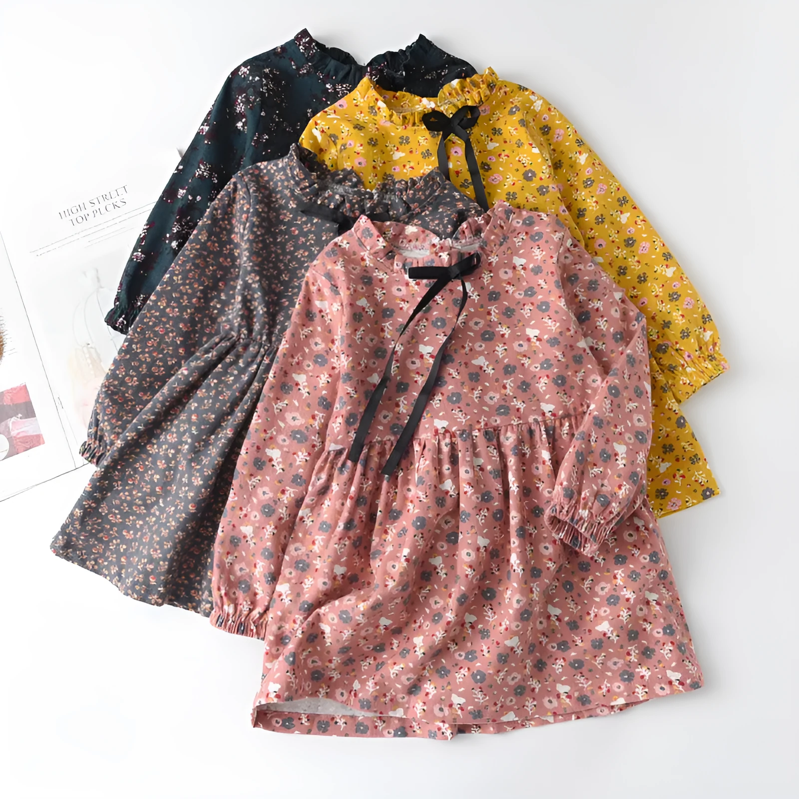 Little floral cotton girls ribbon bowknot dress in princess style with long sleeves available in multiple colours