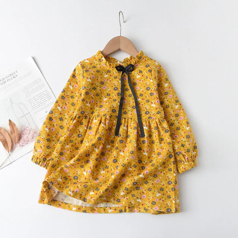 Little floral cotton girls ribbon bowknot dress in princess style with long sleeves available in multiple colours