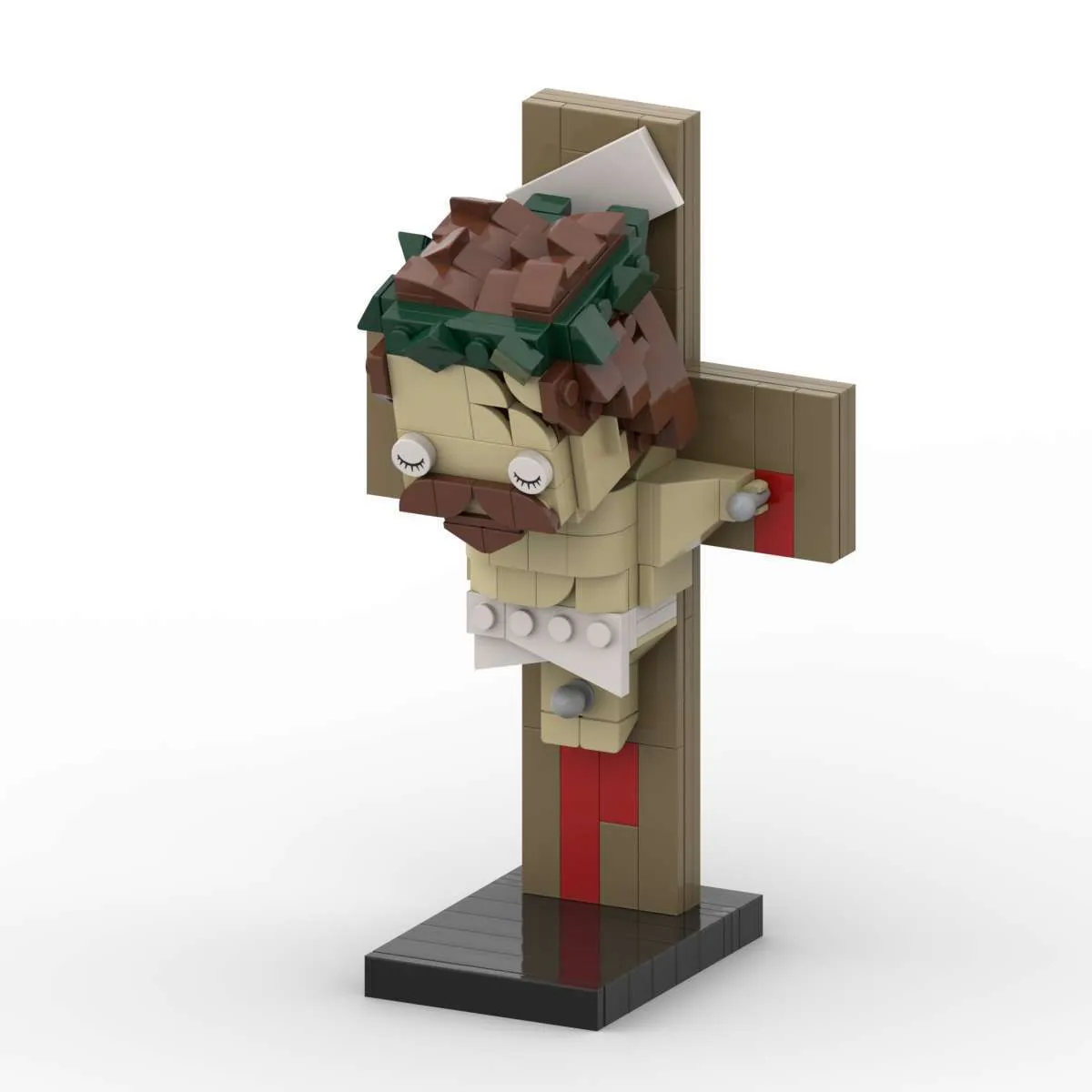 Jesus cross building block toy made from interlocking plastic pieces in a net pocket