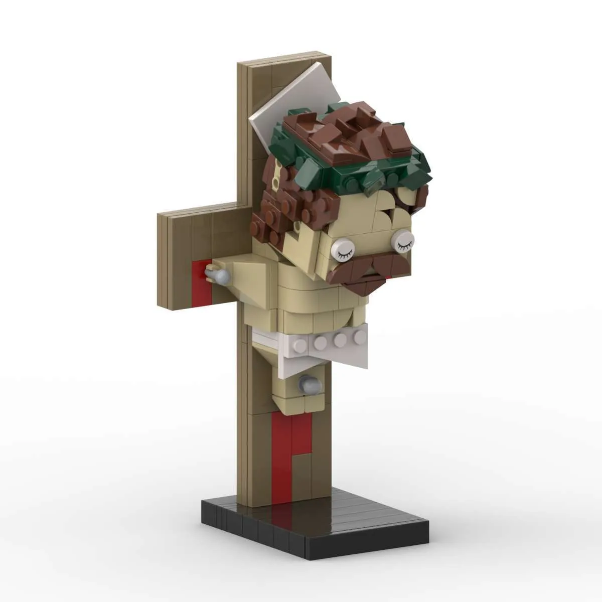Jesus cross building block toy made from interlocking plastic pieces in a net pocket