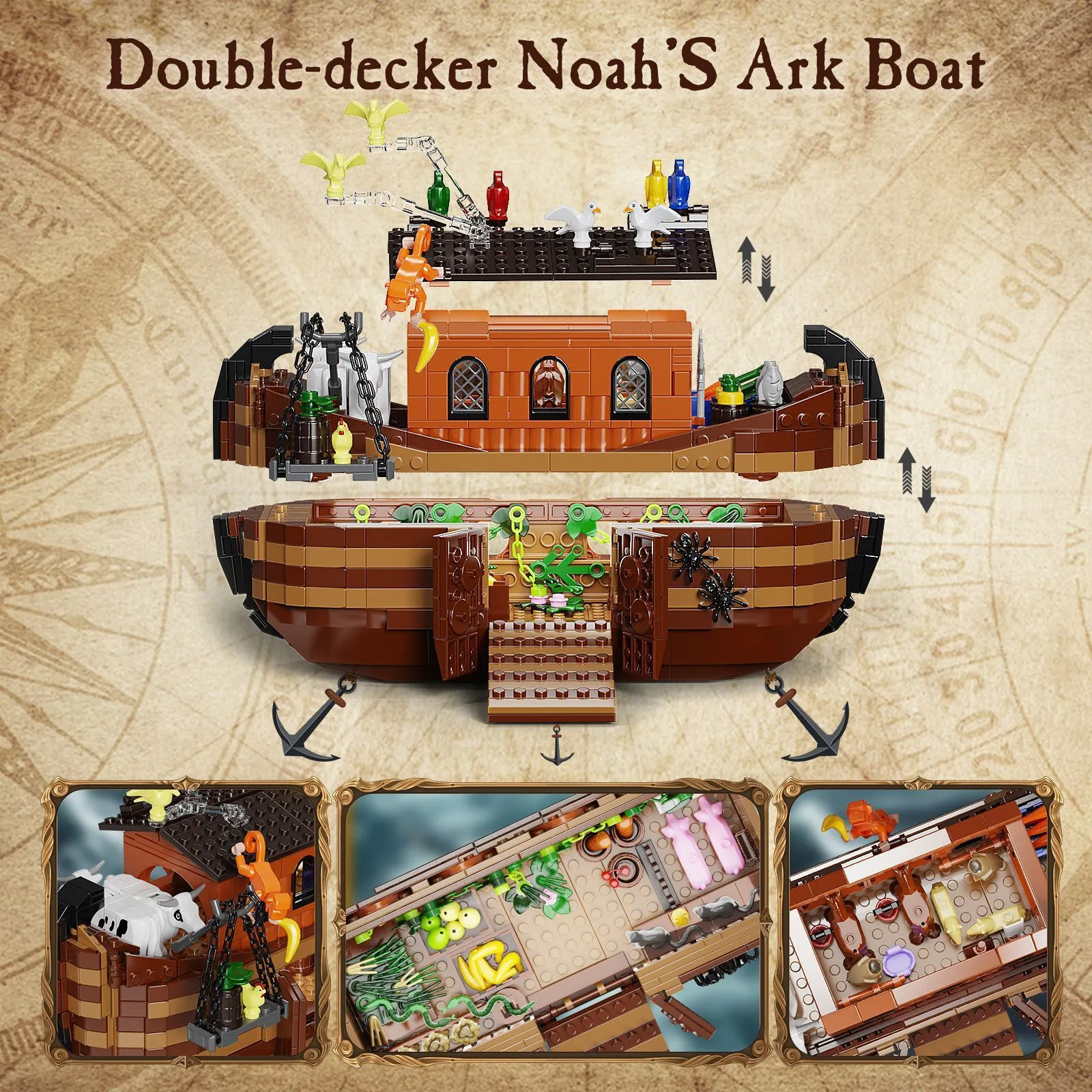 Brown plastic construction ship building block set assembled on a white surface, with blocks showing realistic ship details.