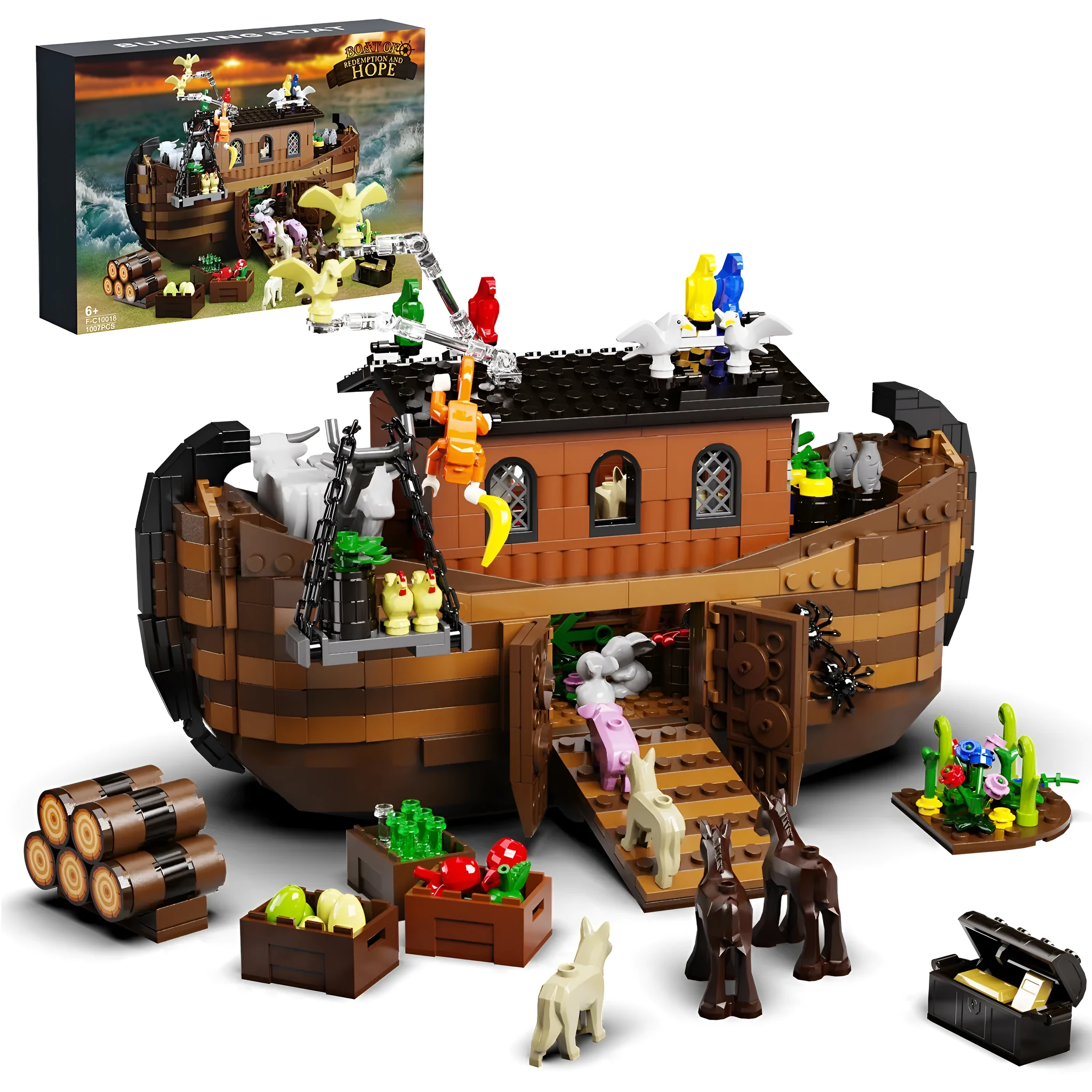 Brown plastic construction ship building block set assembled on a white surface, with blocks showing realistic ship details.