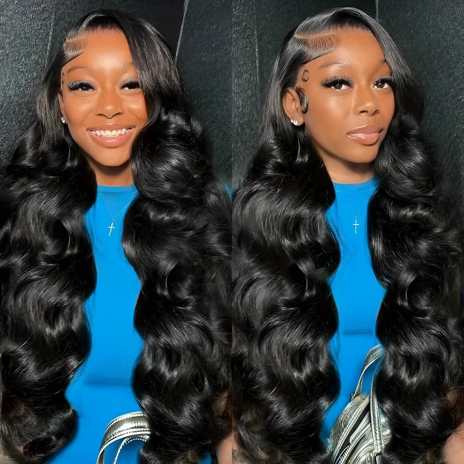 Black synthetic ladies wig with big wavy hairstyle on a mannequin head, showing lace fibre construction.