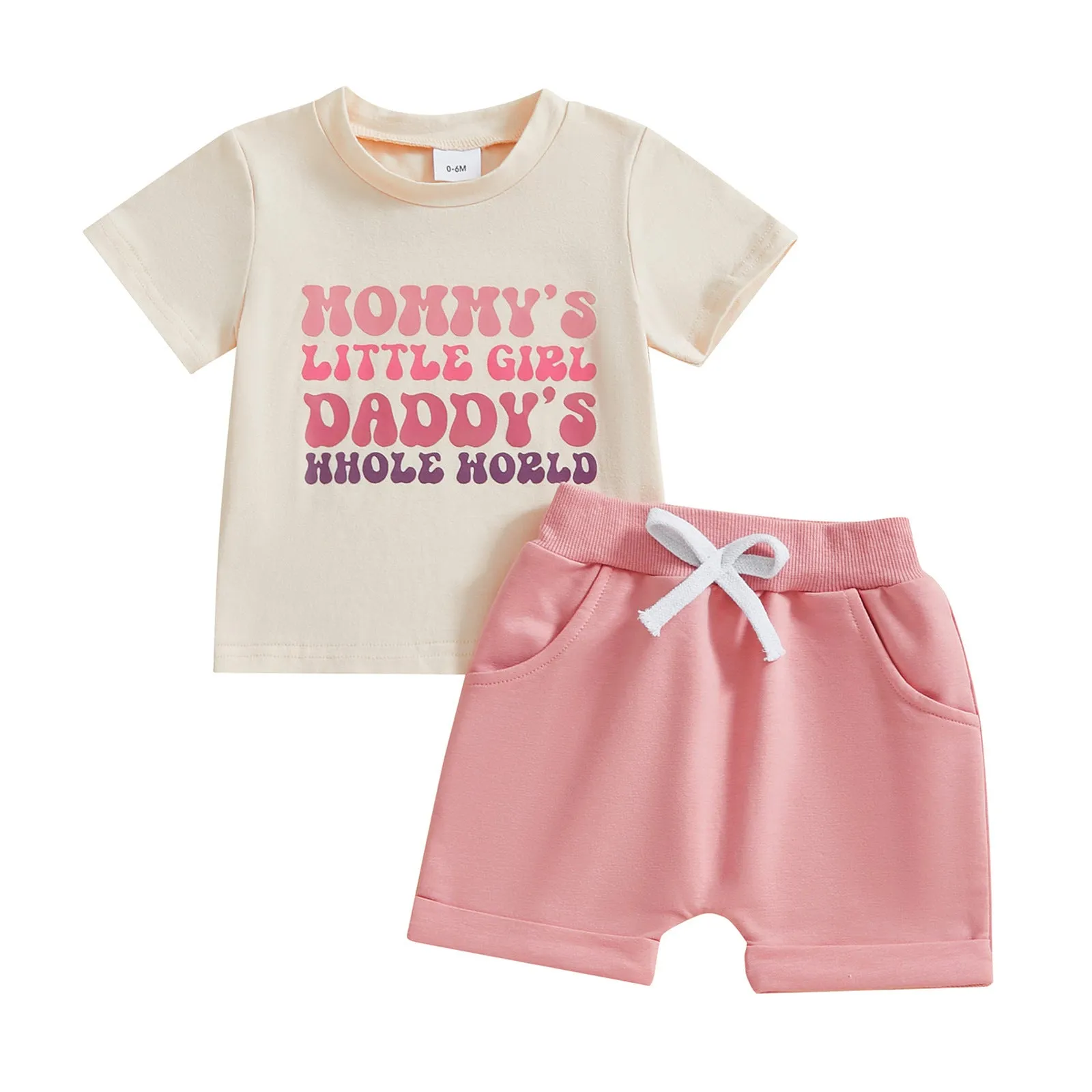 Baby girl letter print short-sleeve suit in pink, cotton mixed blouse and trousers set, casual style