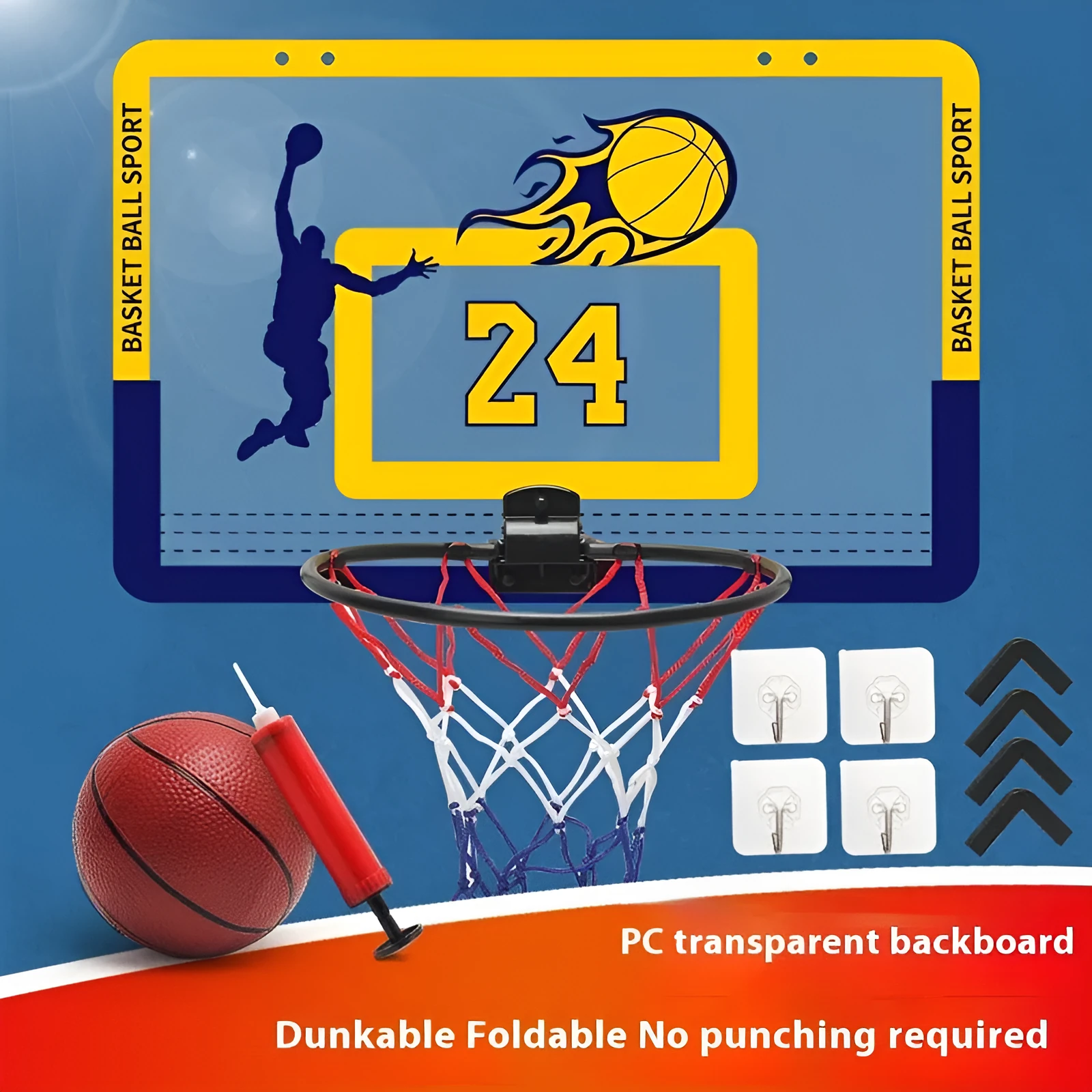 Punch-free transparent PVC children's basketball board mounted on wall with ball in black style option