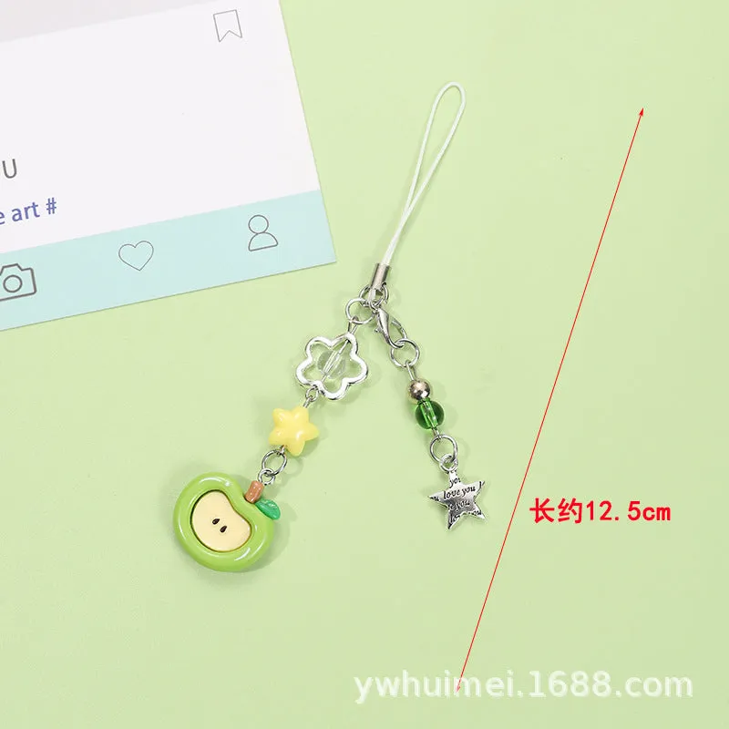 Fruit-themed mobile phone charm keychain with apple and strawberry designs in plastic/resin construction