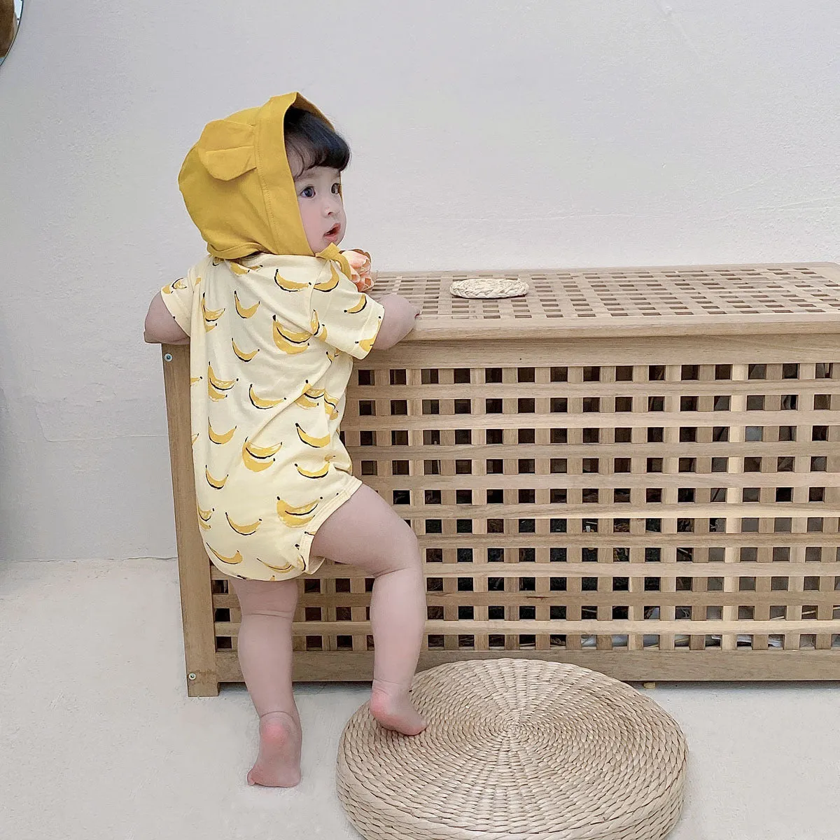 Unisex baby pure cotton short sleeve triangle jumpsuit with matching hat, Banana and Pineapple prints, Korean style
