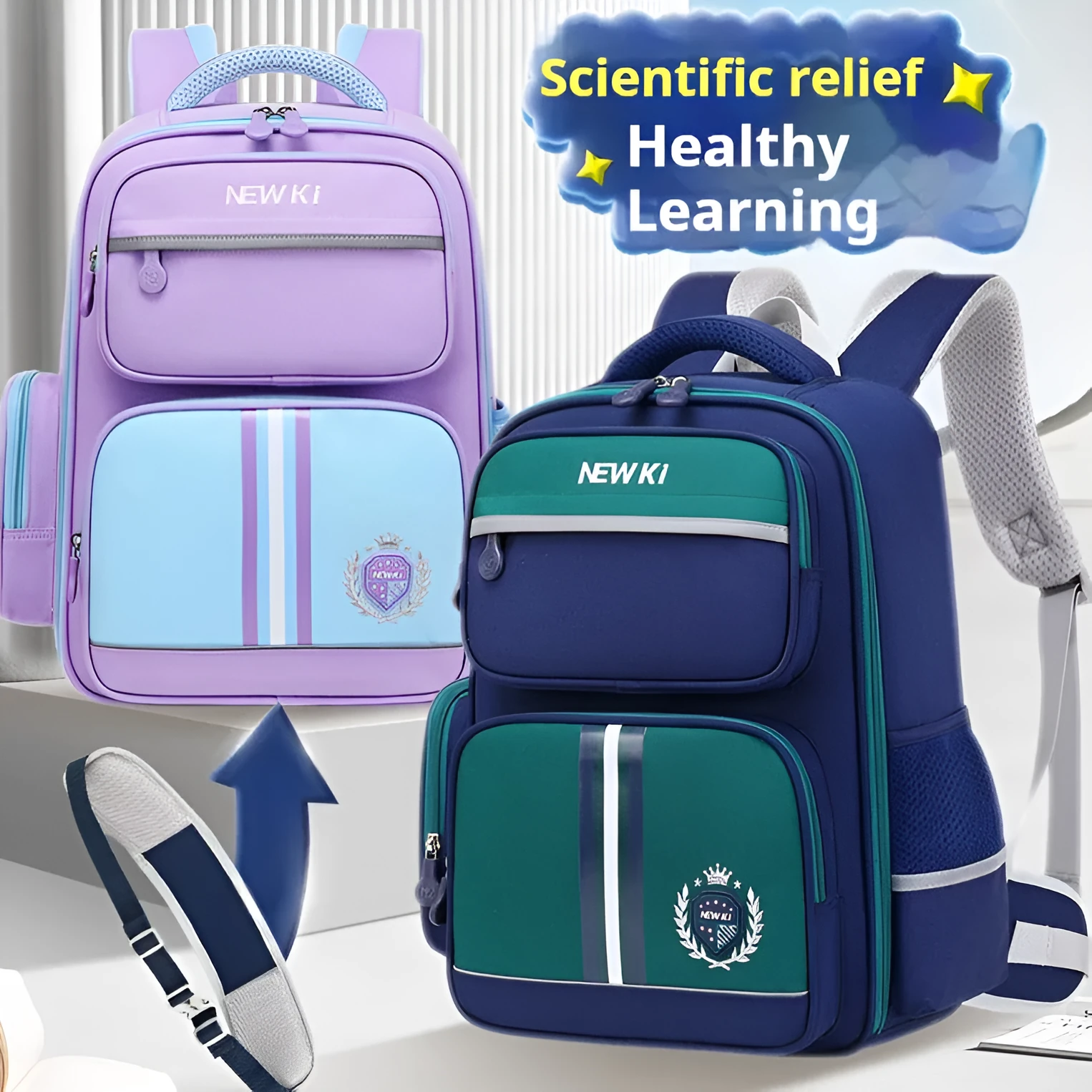 Children's waterproof canvas school backpack in solid colour with curved shoulder straps and spine protection