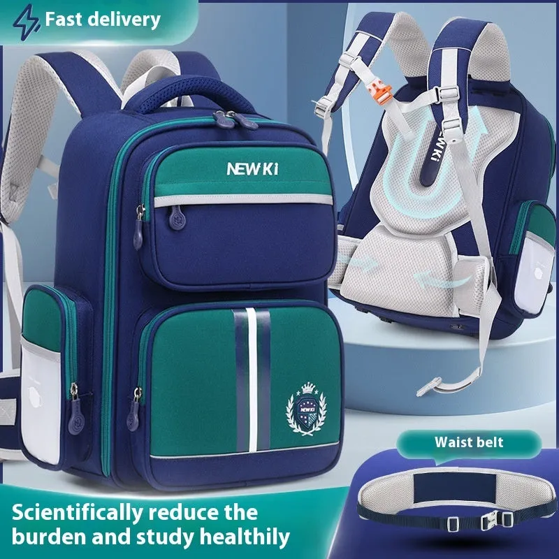 Children's waterproof canvas school backpack in solid colour with curved shoulder straps and spine protection