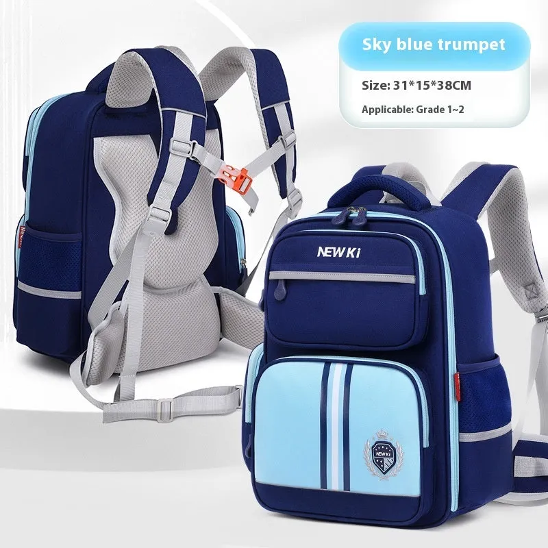 Children's waterproof canvas school backpack in solid colour with curved shoulder straps and spine protection