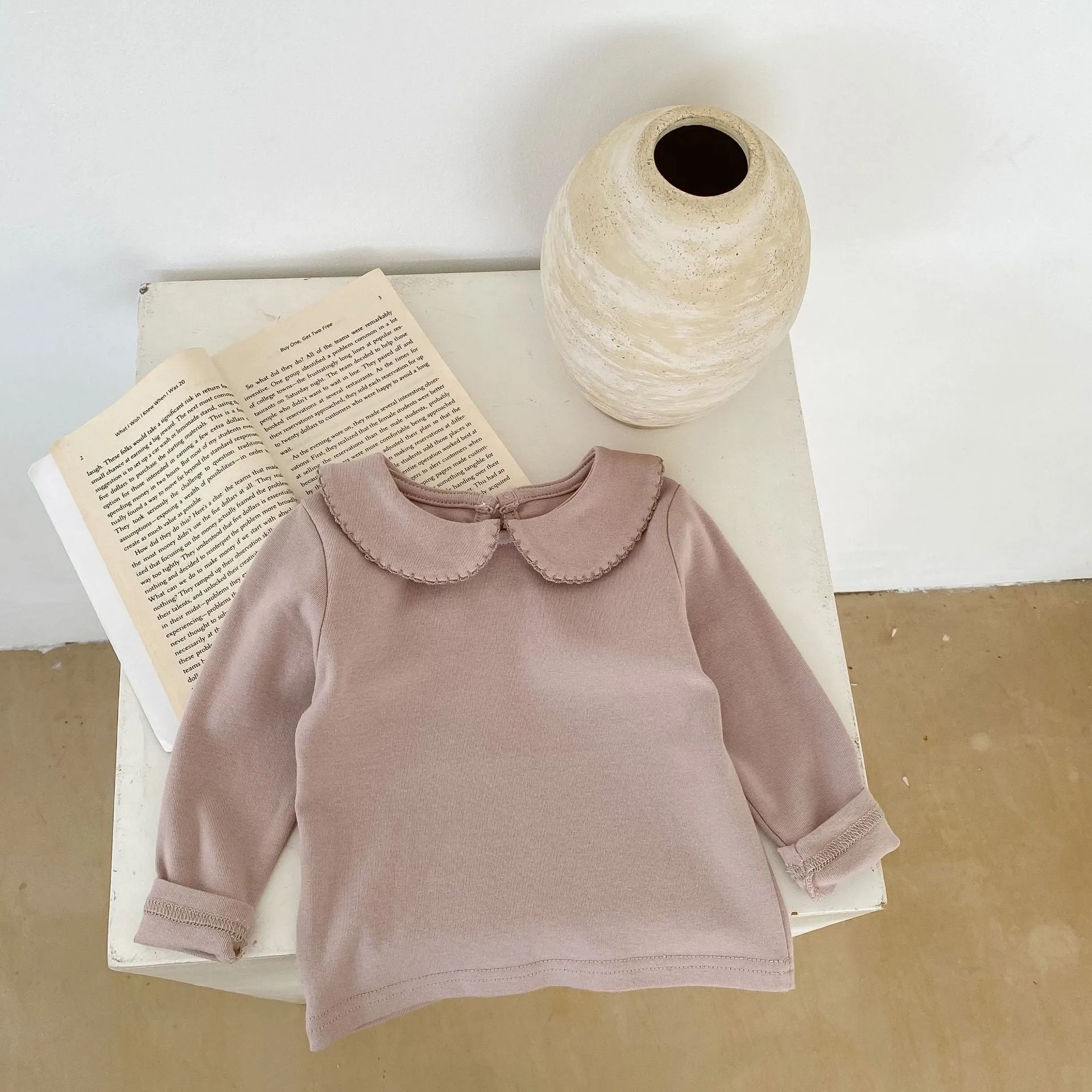Peter Pan collar long-sleeve top and trousers cotton two-piece children's suit in apricot and mud powder