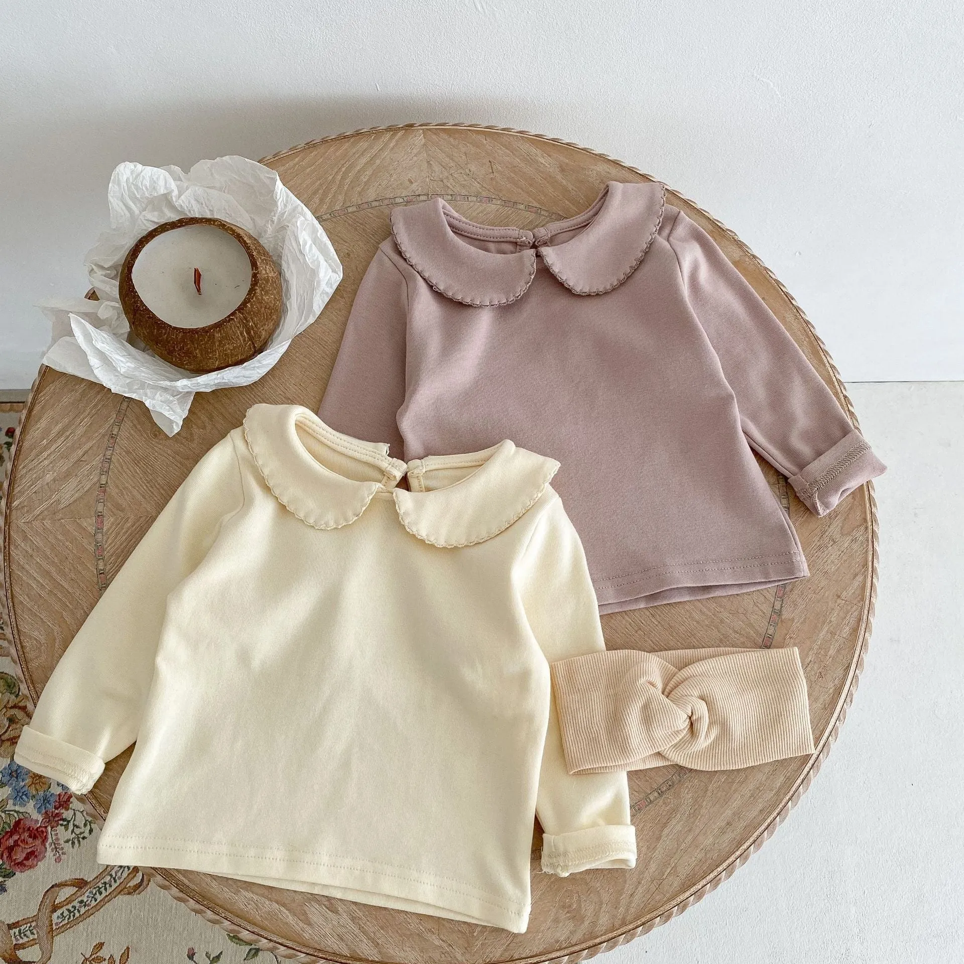 Peter Pan collar long-sleeve top and trousers cotton two-piece children's suit in apricot and mud powder