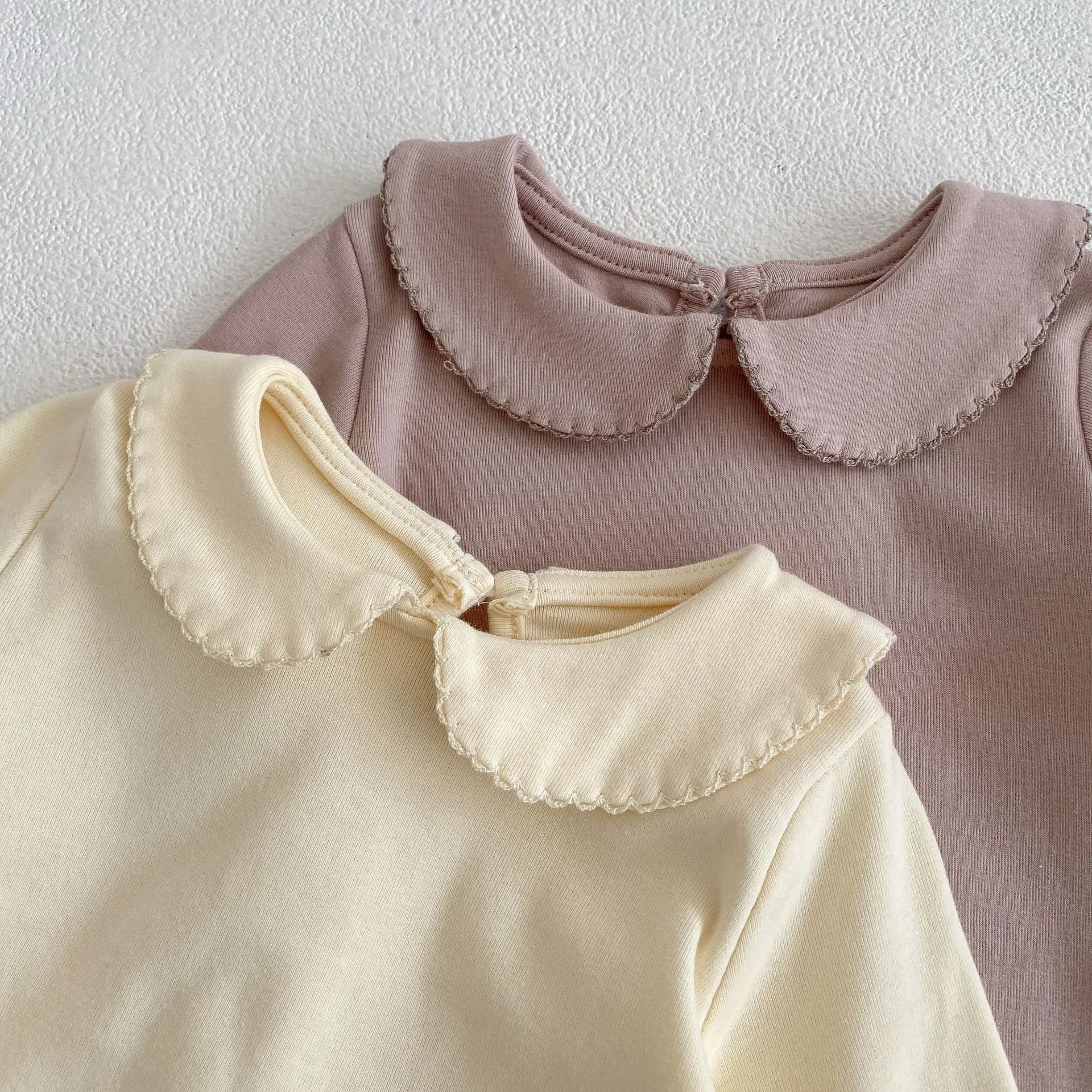 Peter Pan collar long-sleeve top and trousers cotton two-piece children's suit in apricot and mud powder