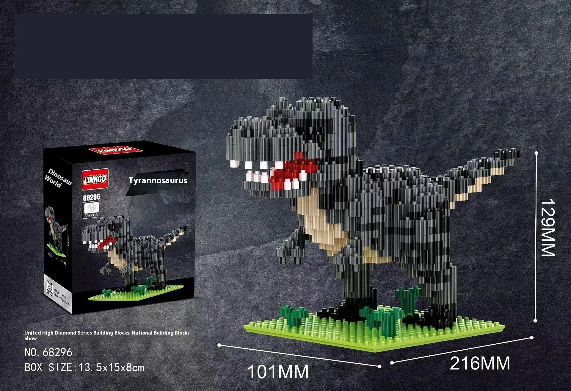 Dinosaur model building blocks set with small diamond particles in colour box packaging