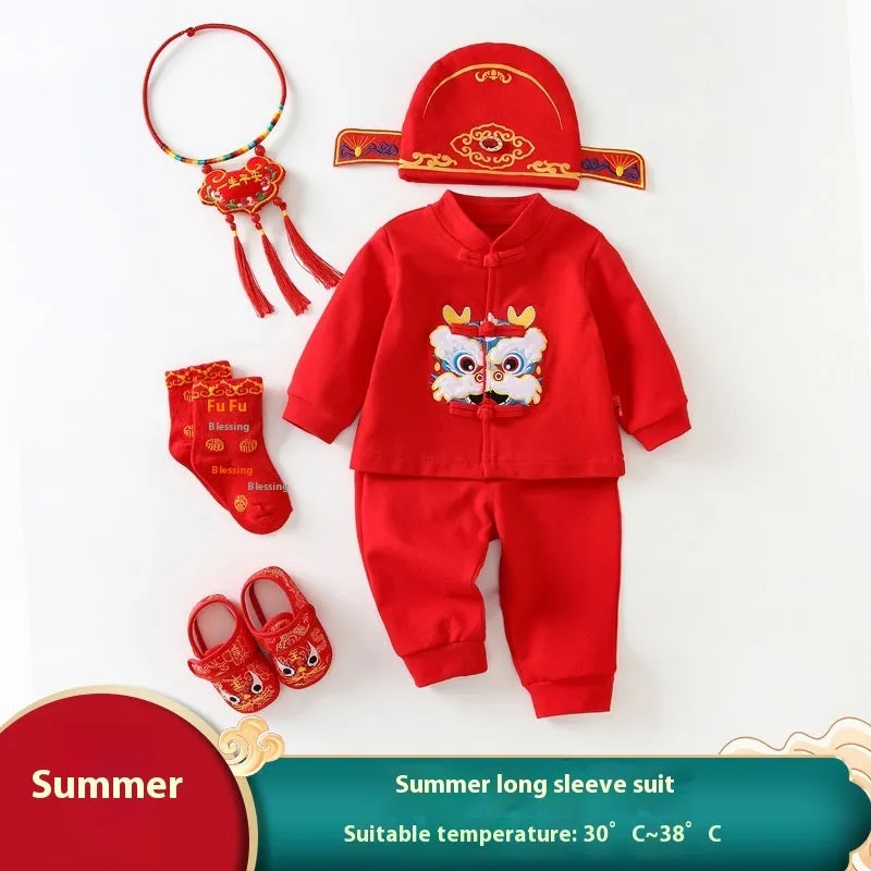 Girls cotton Tang suit dress in 036 Star Stone print with long sleeves and pants for one-year-old celebration