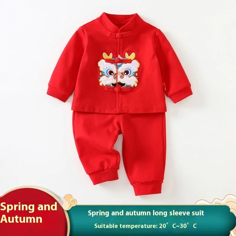 Girls cotton Tang suit dress in 036 Star Stone print with long sleeves and pants for one-year-old celebration