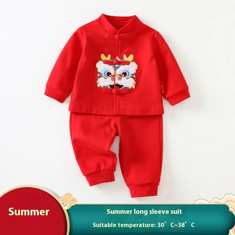Girls cotton Tang suit dress in 036 Star Stone print with long sleeves and pants for one-year-old celebration
