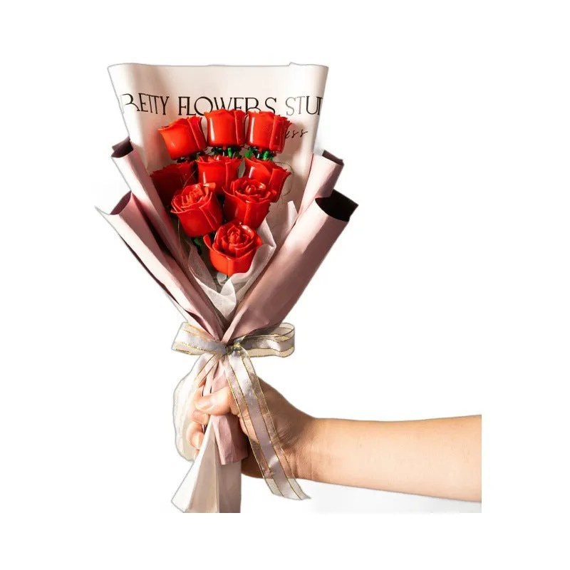 Artificial rose building blocks bouquet plastic small particle set with red rose colour box packaging
