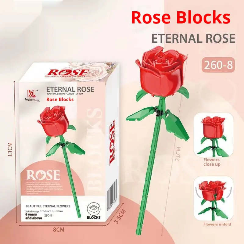 Artificial rose building blocks bouquet plastic small particle set with red rose colour box packaging