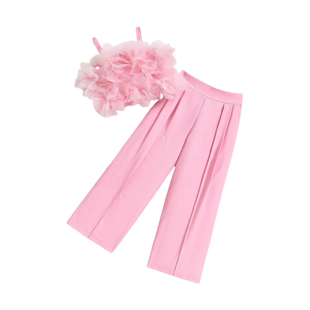 Girls mesh flower sling top and slim fit pants suit in pink with pullover closure