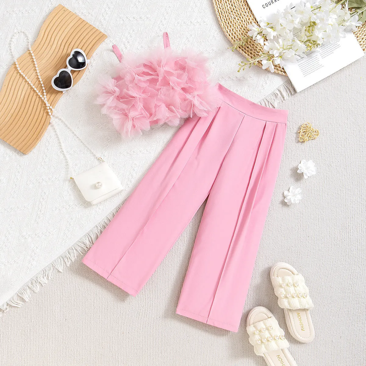 Girls mesh flower sling top and slim fit pants suit in pink with pullover closure
