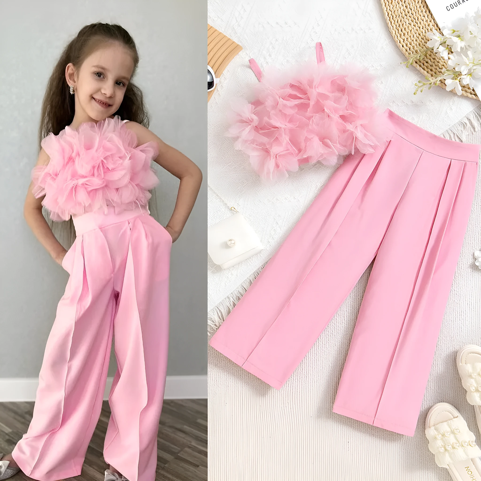 Girls mesh flower sling top and slim fit pants suit in pink with pullover closure