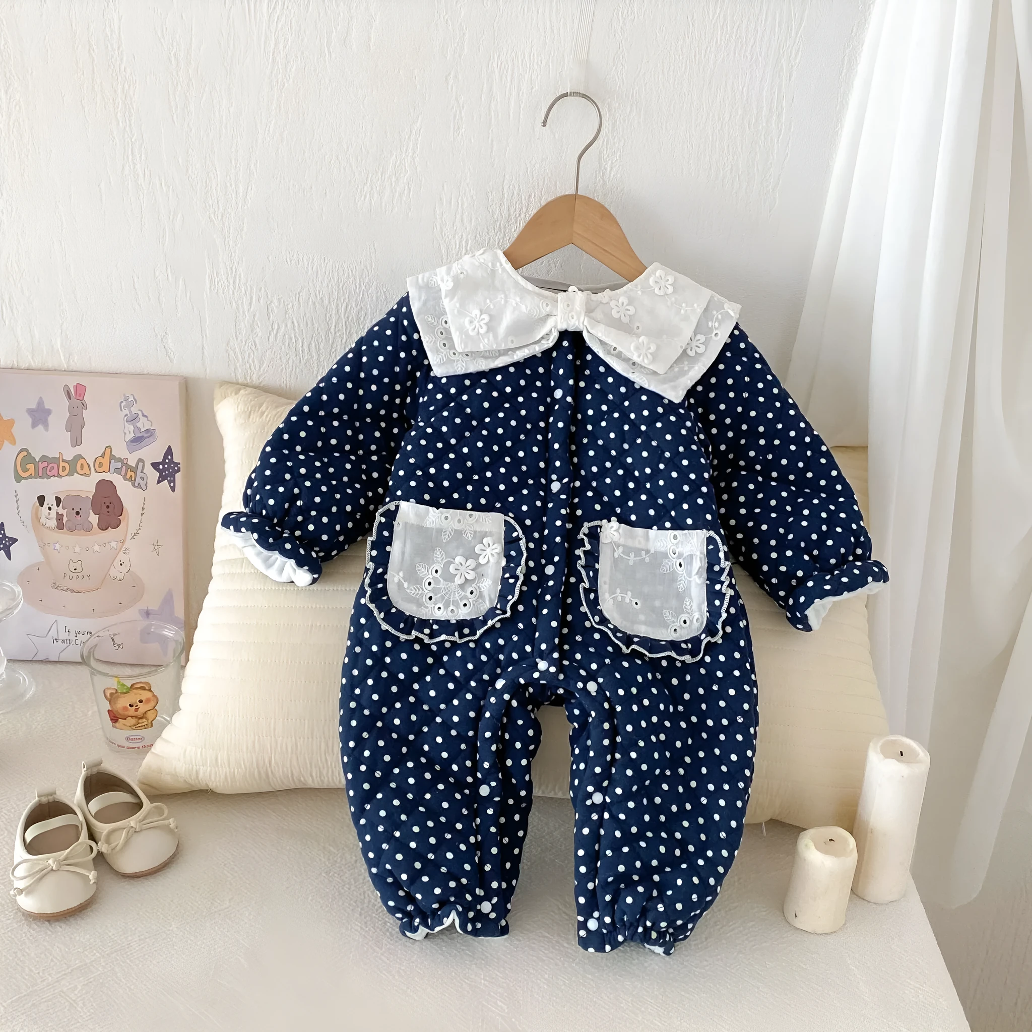 Baby girls winter cotton-padded fleece-lined onesie in dark blue on white background