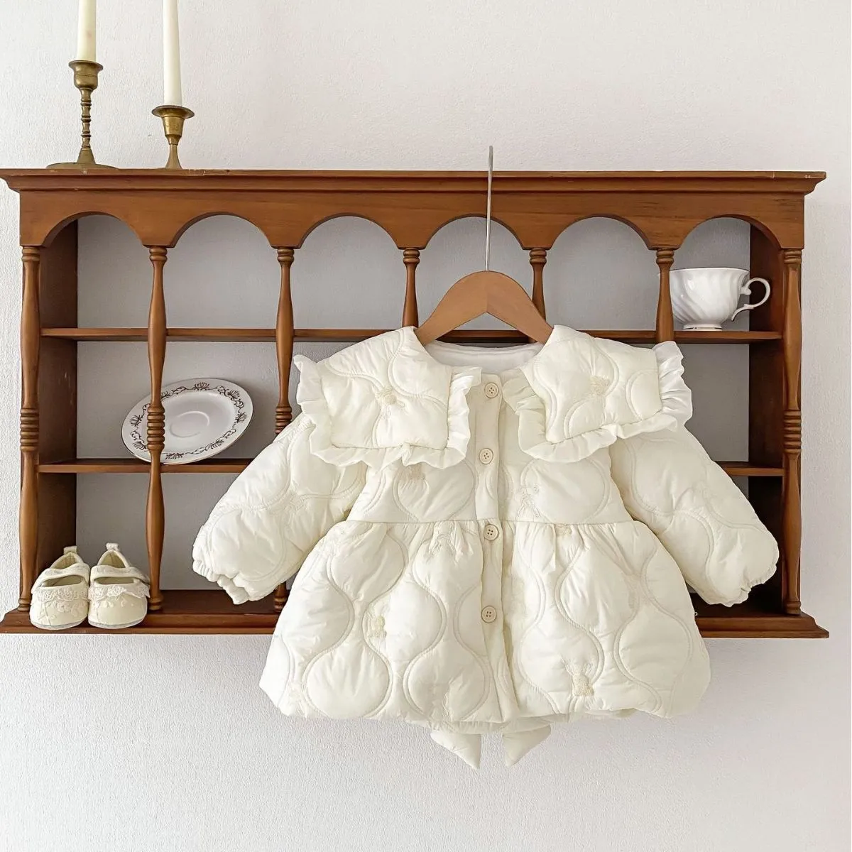Girls cotton padded winter coat in light beige with thickening cotton filling for warmth