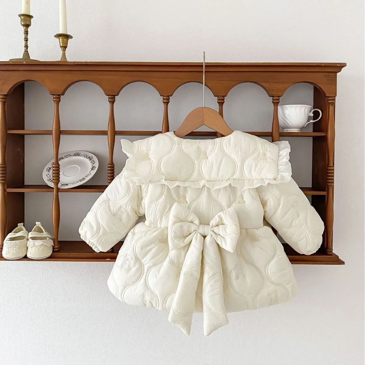 Girls cotton padded winter coat in light beige with thickening cotton filling for warmth