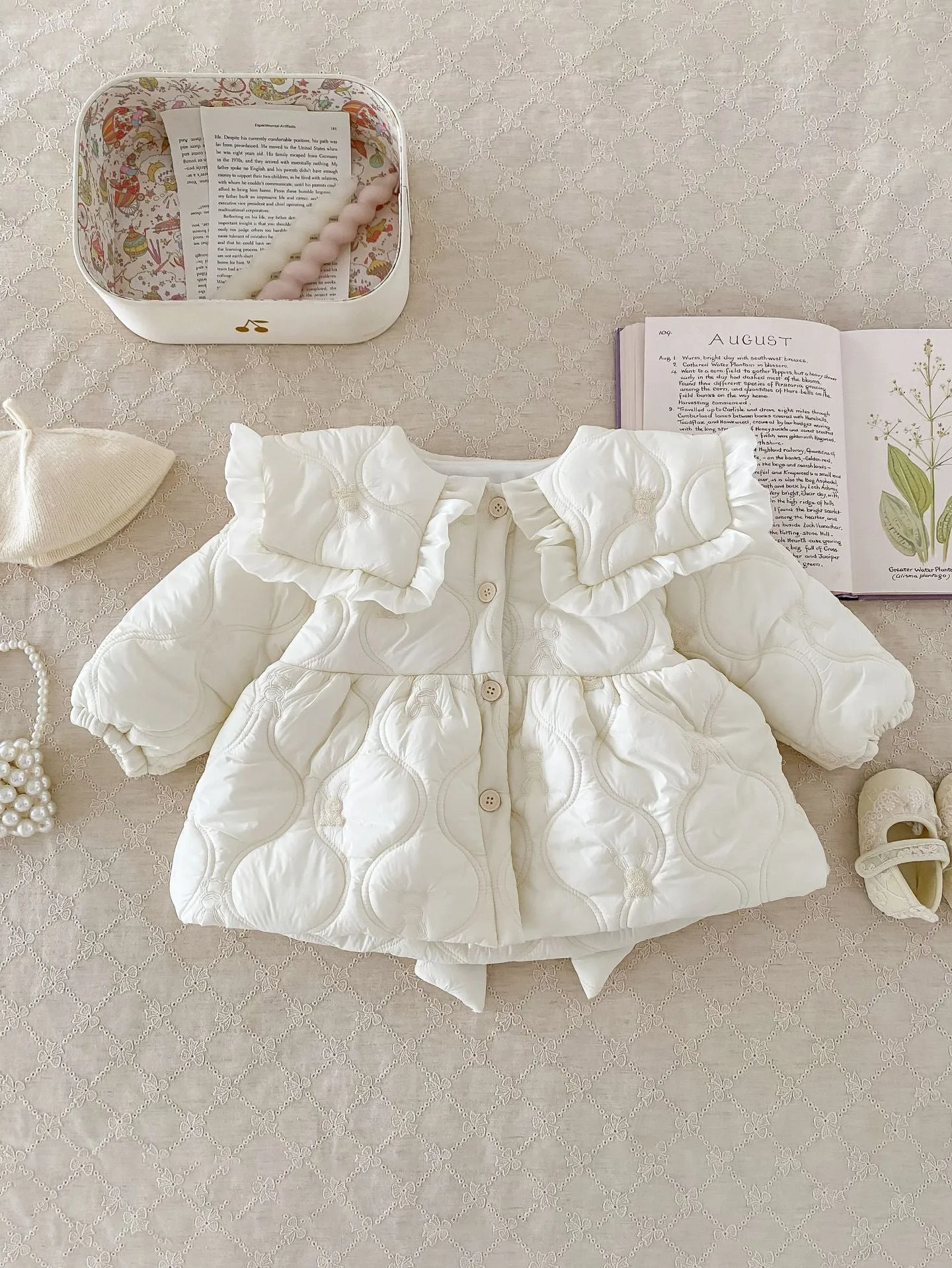 Girls cotton padded winter coat in light beige with thickening cotton filling for warmth
