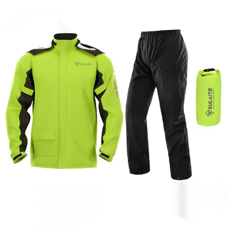 Adult motorcycle rain suit with raincoat, rain trousers, hidden shoe cover, and storage bag.