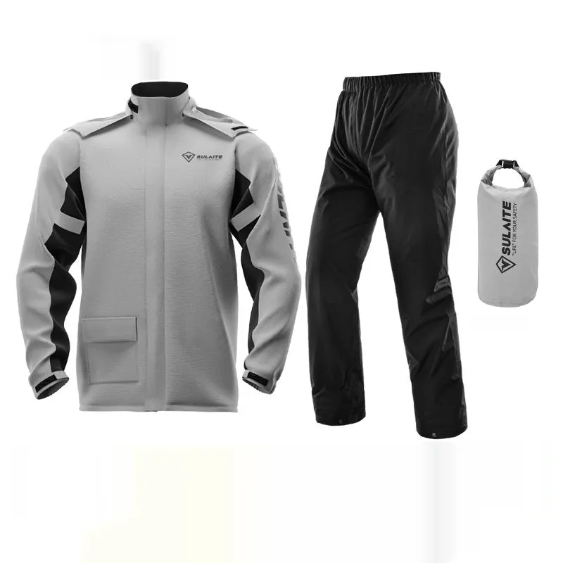 Adult motorcycle rain suit with raincoat, rain trousers, hidden shoe cover, and storage bag.