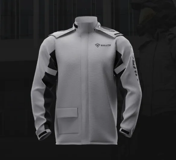 Adult motorcycle rain suit with raincoat, rain trousers, hidden shoe cover, and storage bag.