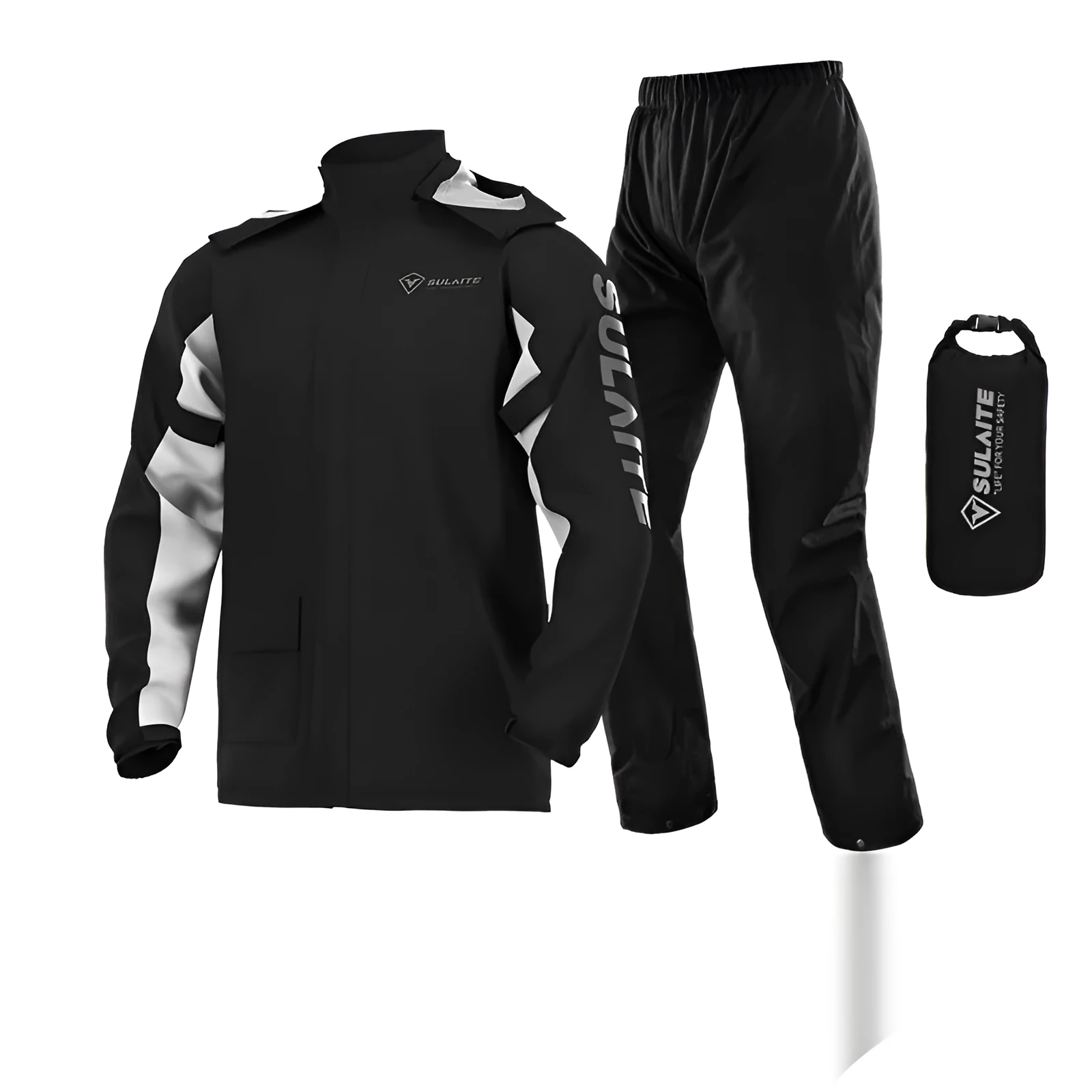 Adult motorcycle rain suit with raincoat, rain trousers, hidden shoe cover, and storage bag.