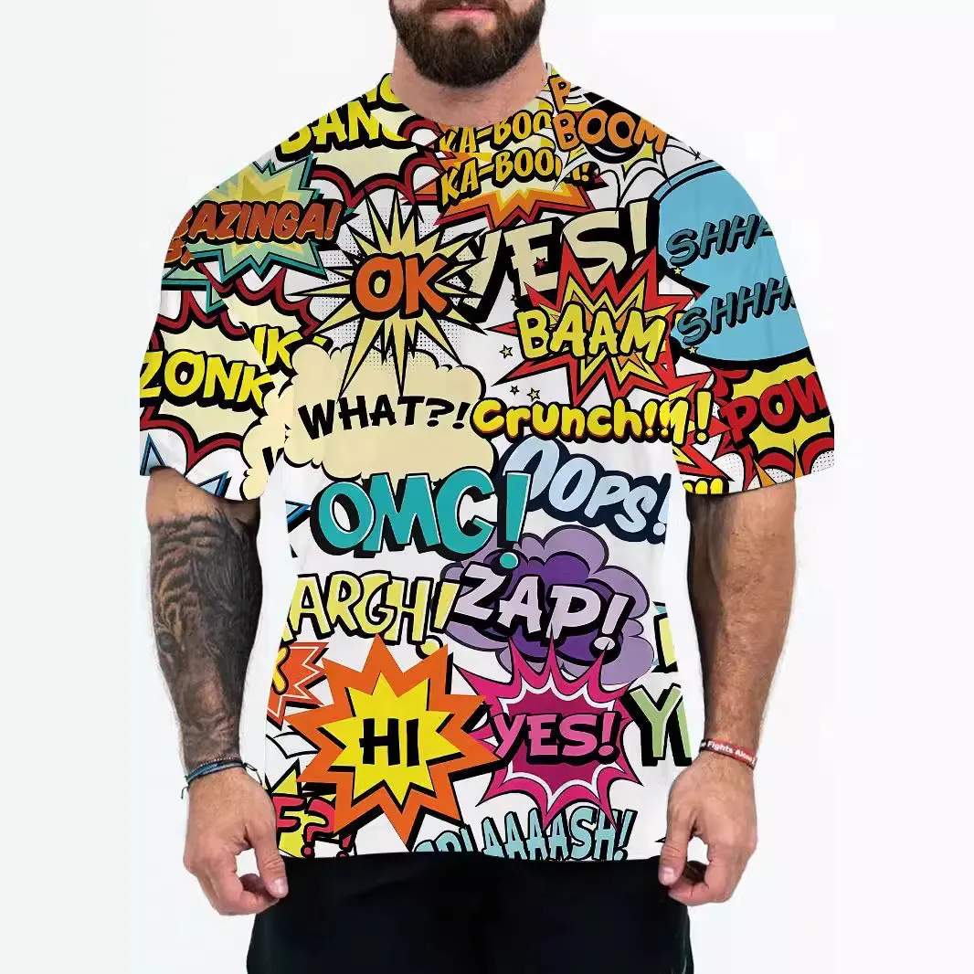 Men's loose fit graphic t-shirt with coloured letters or eagle head design in chemical fibre blend