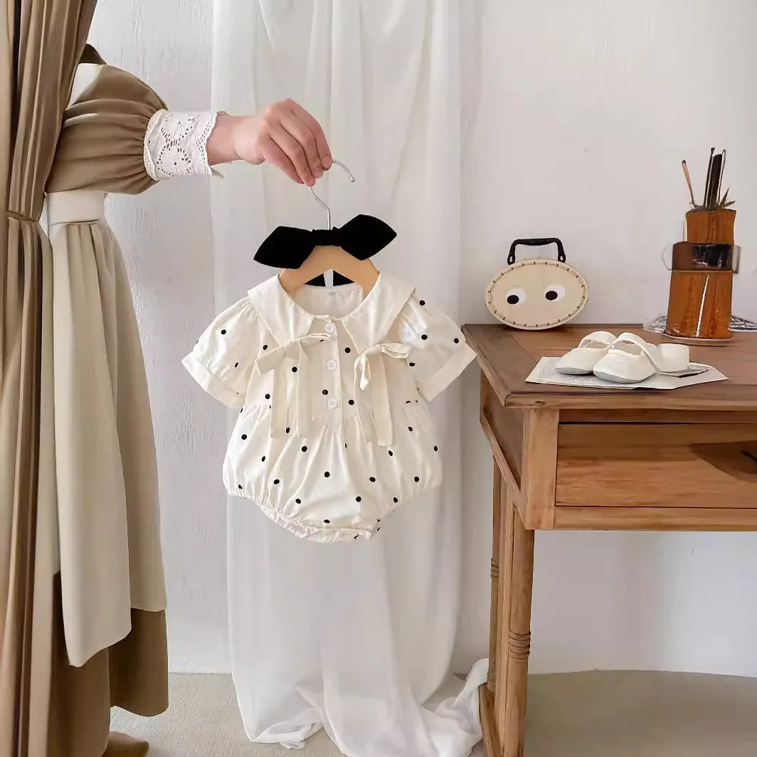Girls' light beige polka dot jumpsuit with matching headband, Korean style, cotton, baby romper size 66-100cm