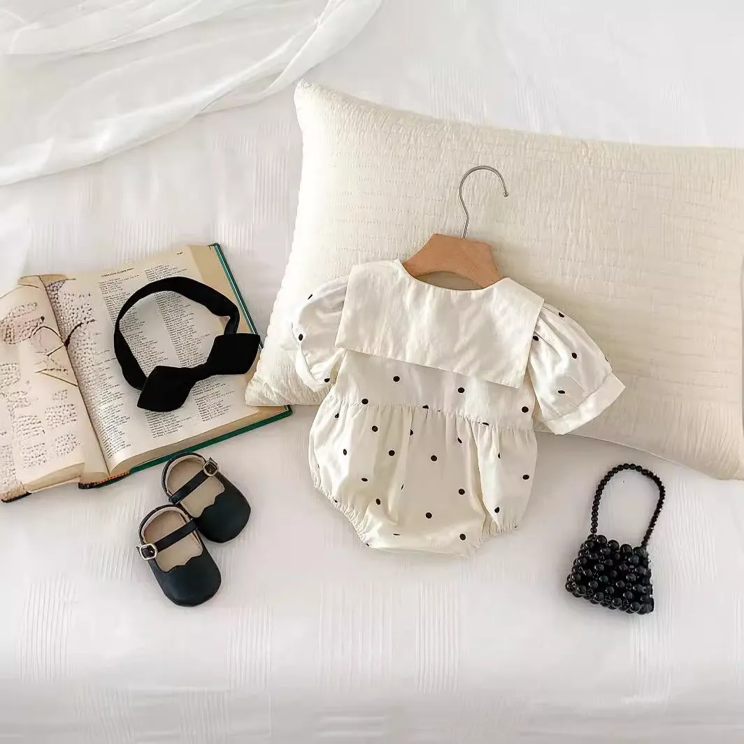 Girls' light beige polka dot jumpsuit with matching headband, Korean style, cotton, baby romper size 66-100cm