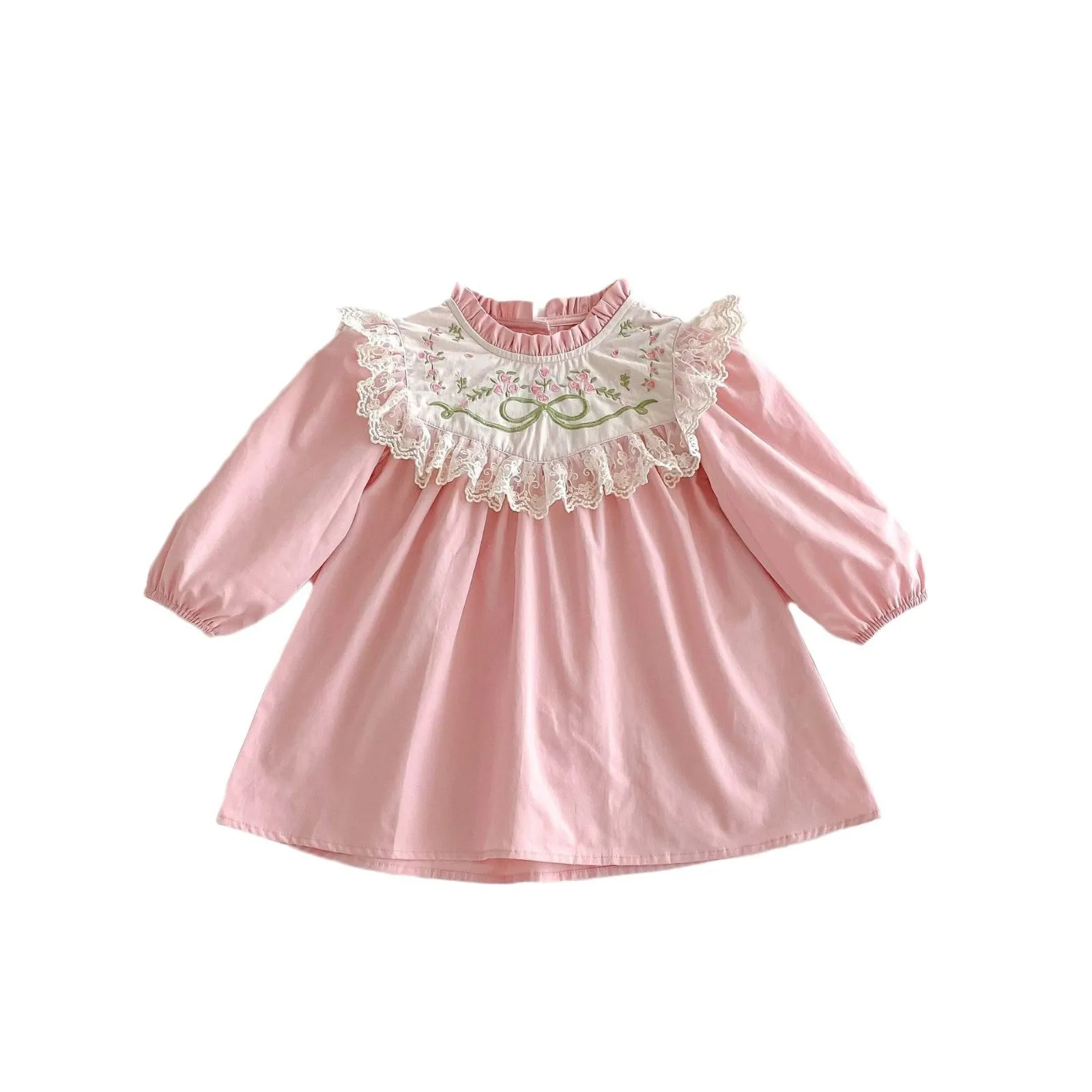 Pure cotton girls' dress in pink with lace stand collar and flower embroidery, long sleeves, princess style
