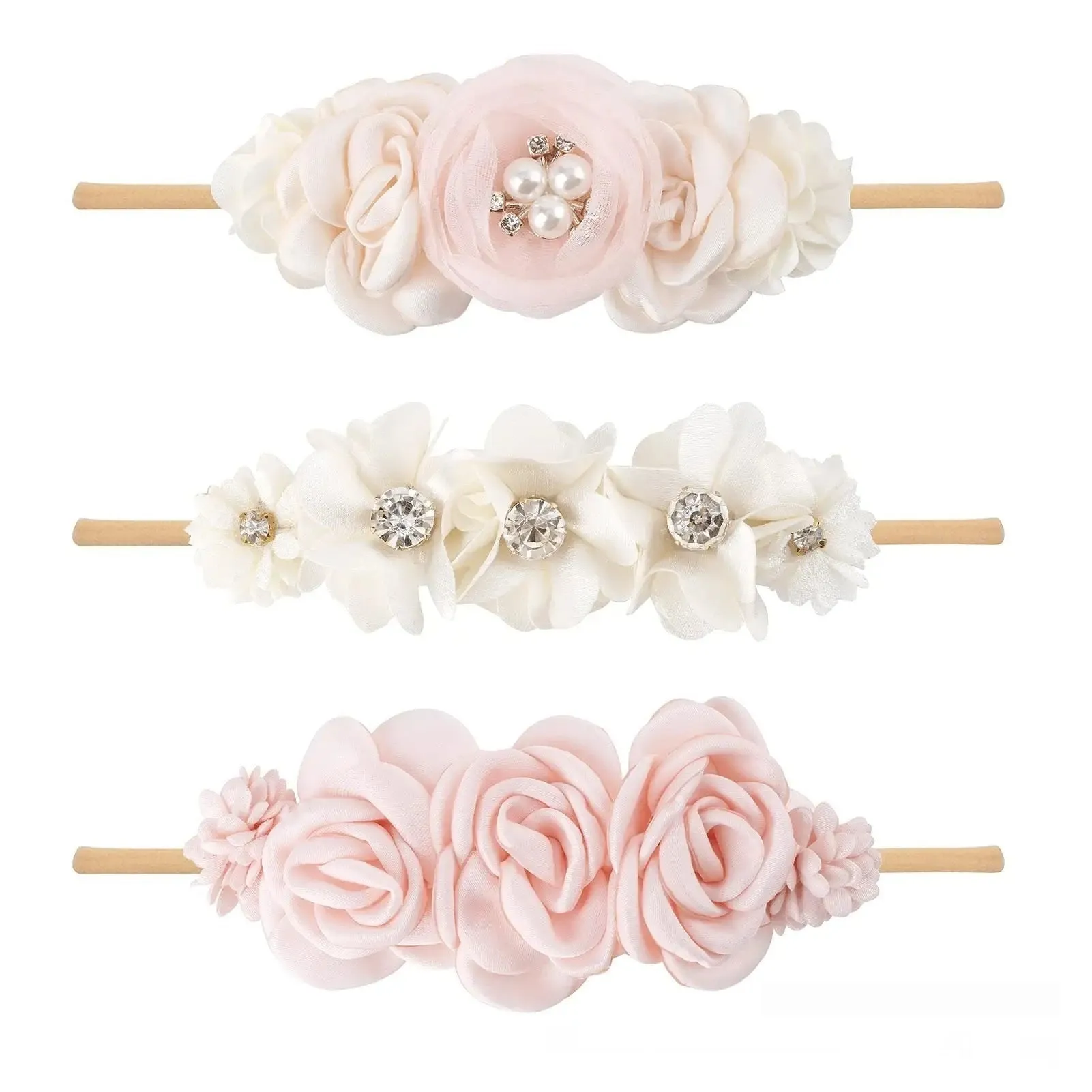 Set of three cloth flower-shaped baby hair bands in different styles