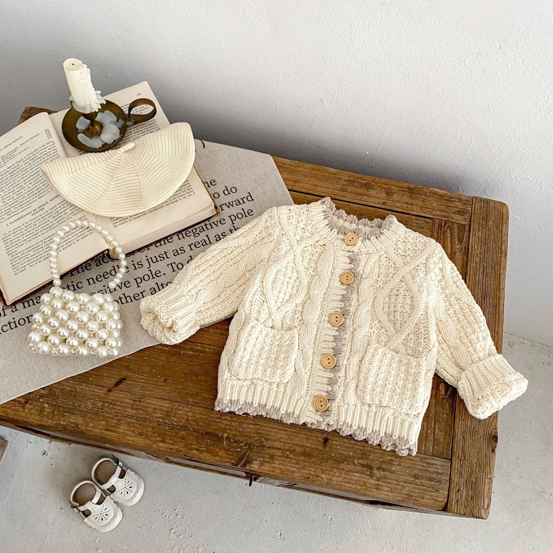 Girls' fashion personality round neck knitted coat in solid colour Apricot White cotton for toddlers