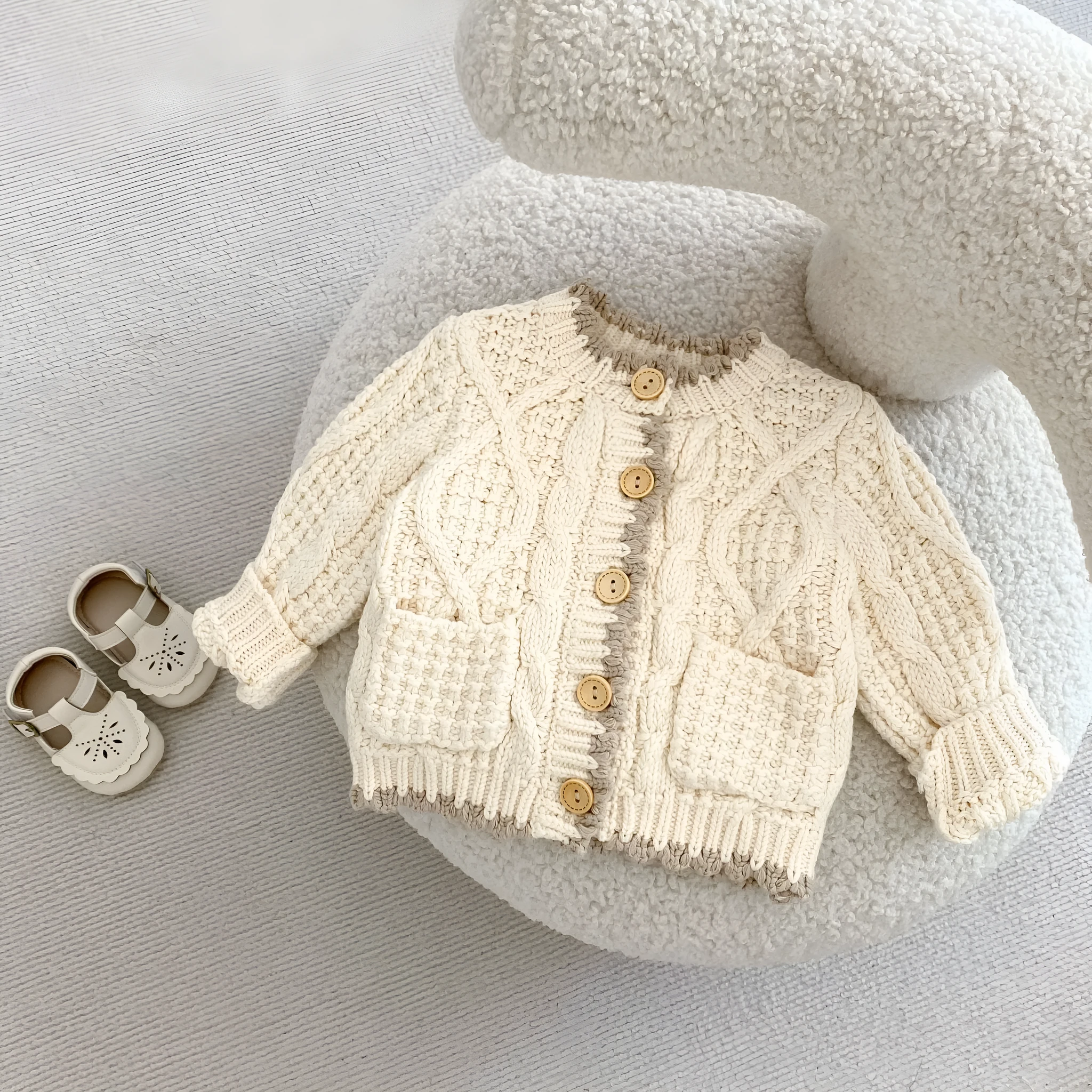 Girls' fashion personality round neck knitted coat in solid colour Apricot White cotton for toddlers