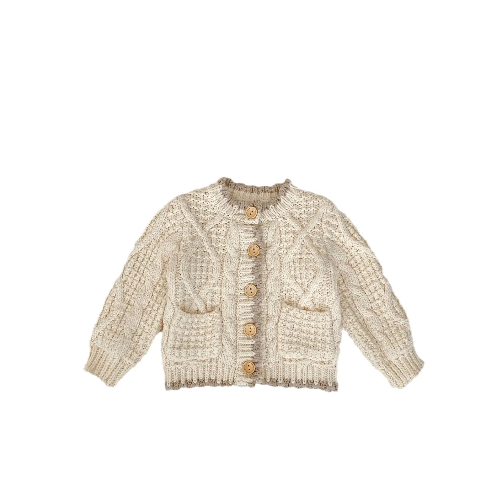 Girls' fashion personality round neck knitted coat in solid colour Apricot White cotton for toddlers