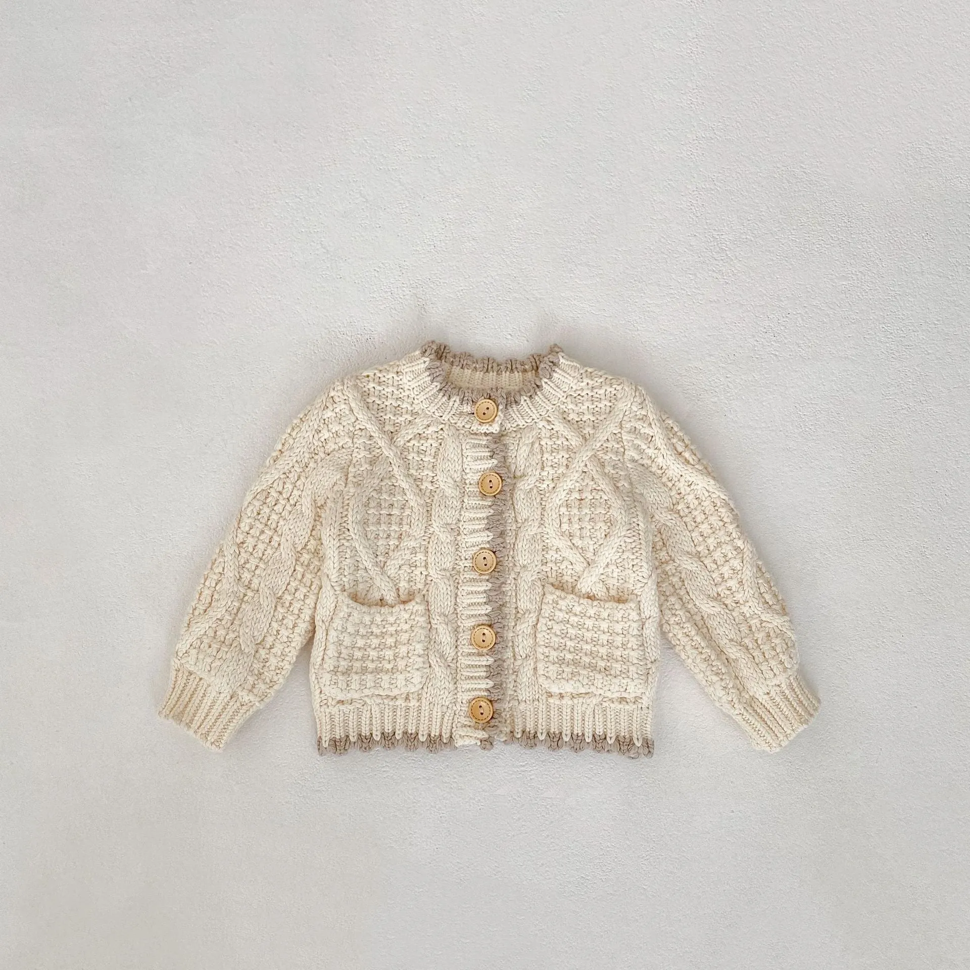 Girls' fashion personality round neck knitted coat in solid colour Apricot White cotton for toddlers