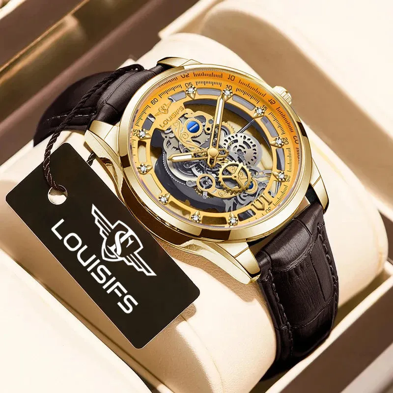 Men's Swiss quartz business watch with hollow case showing movement, available in three colour combinations