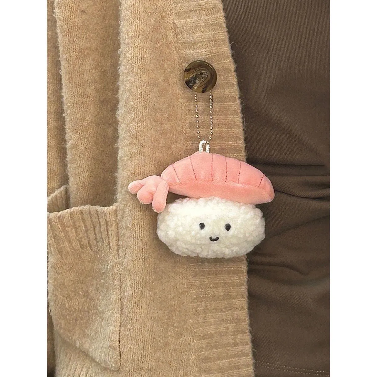Soft plush sweet shrimp sushi pendant charm in pink and white, kawaii bag accessory