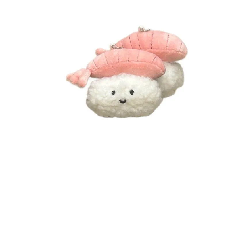 Soft plush sweet shrimp sushi pendant charm in pink and white, kawaii bag accessory
