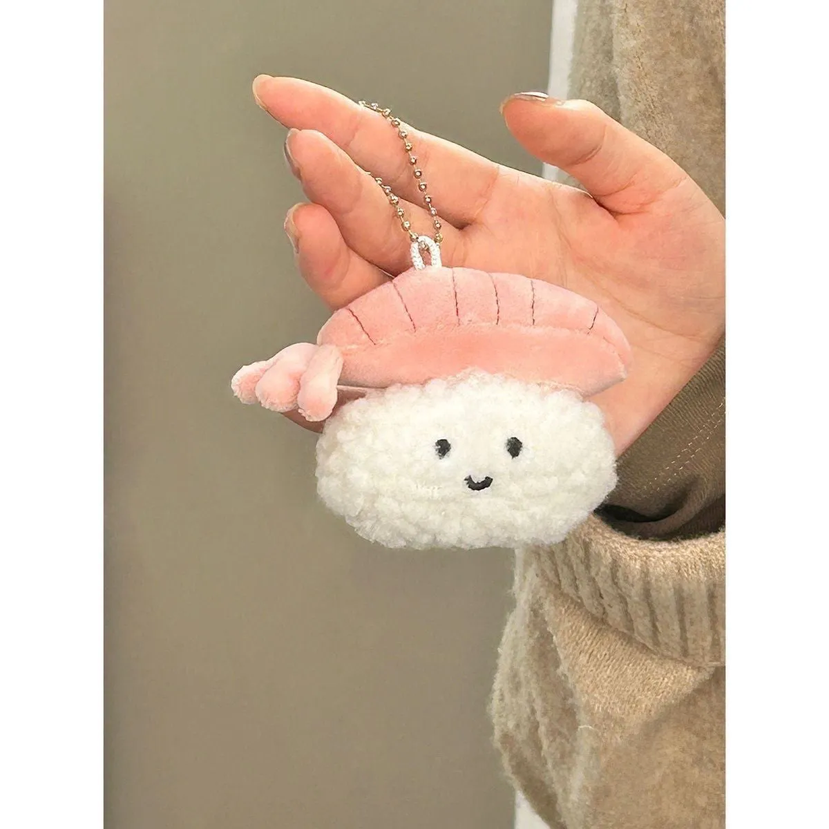 Soft plush sweet shrimp sushi pendant charm in pink and white, kawaii bag accessory