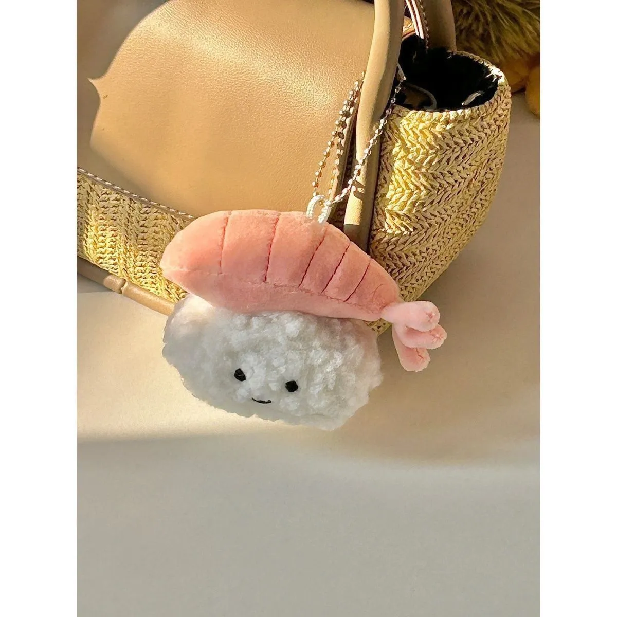 Soft plush sweet shrimp sushi pendant charm in pink and white, kawaii bag accessory