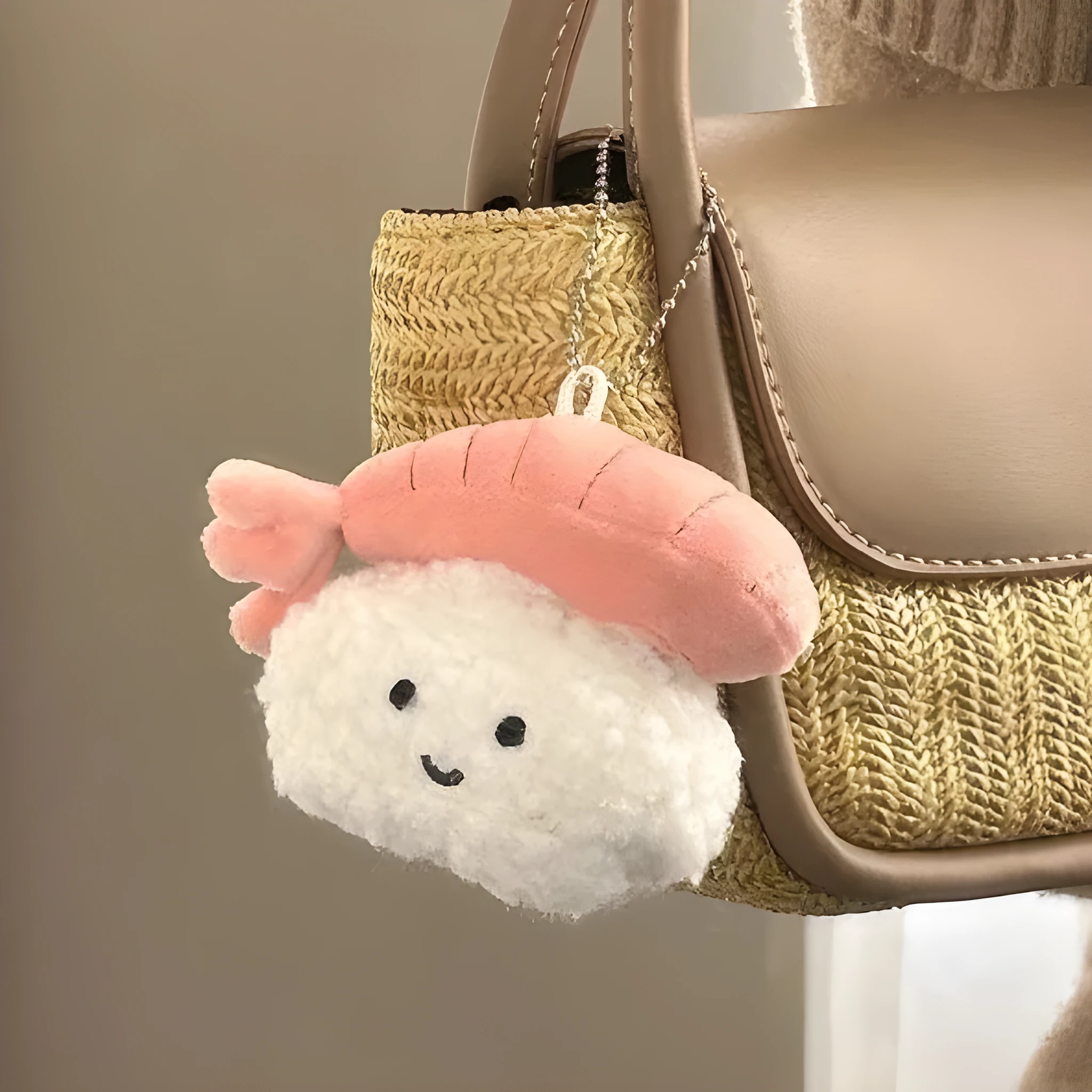 Soft plush sweet shrimp sushi pendant charm in pink and white, kawaii bag accessory